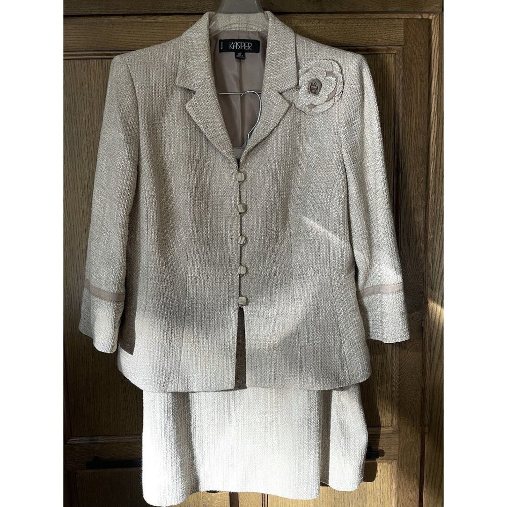 Women Business Kasper Skirt Suit Taupe Beige Neutral Blend Size 12P MSRP $280